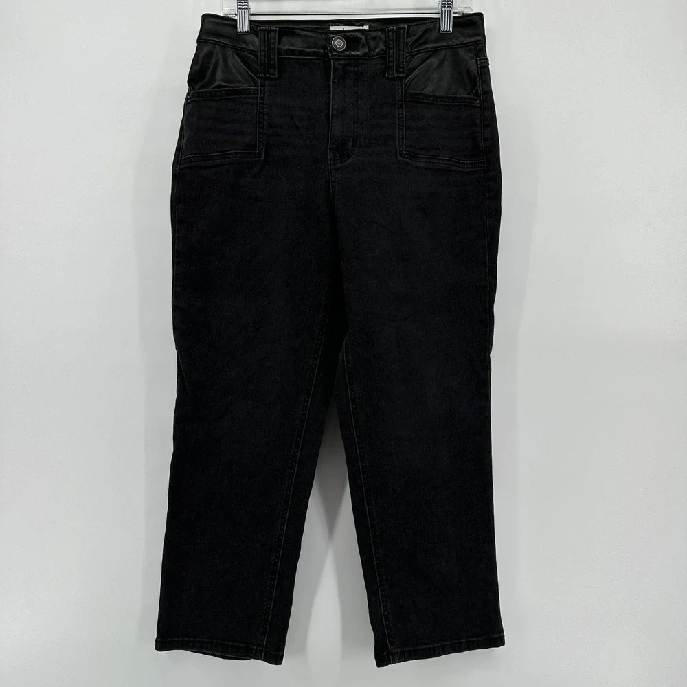 Maurices M Jeans Womens 12 Short Slim Straight Ankle Faux Leather Trim Black